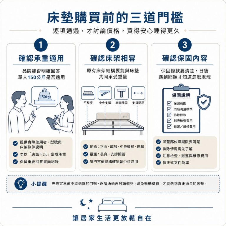 大漢家具提醒，體重較重者選購床墊時，可以設定這三道門檻