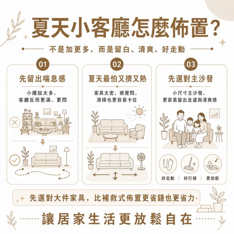 大漢家具提醒，夏天佈置小坪數客廳時，不應一味塞飾品，而應優先調整大件家具