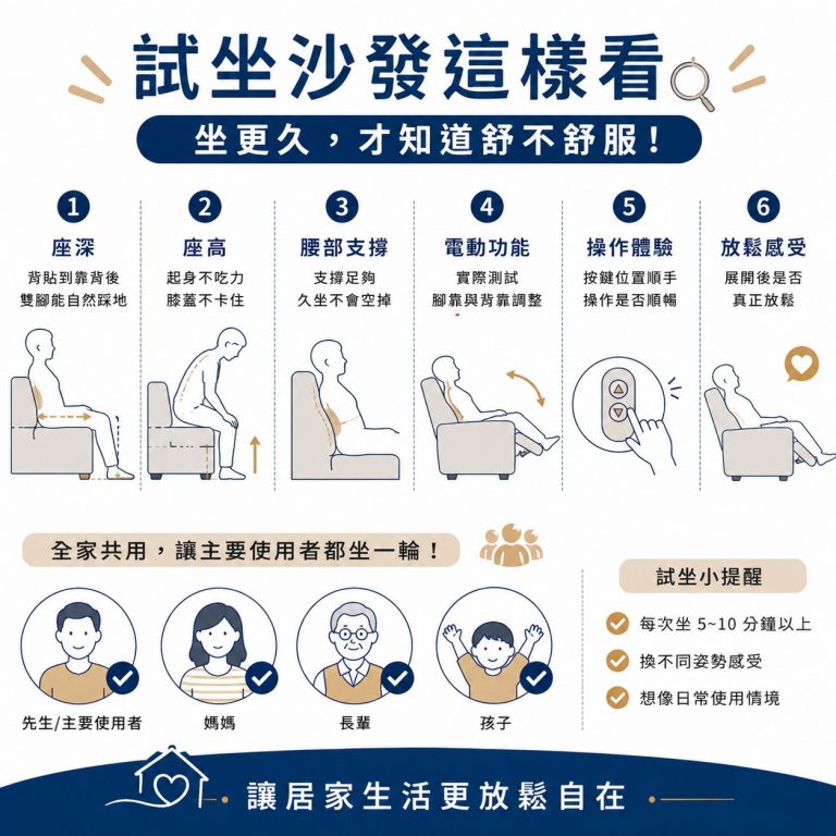 大漢家具提醒,試坐沙發時,要注意座高、座深、腰部支撐,如果是電動款式,還要確認電動結構流暢度、按鍵位置等,而且最好能讓家中主要使用者都試坐體驗