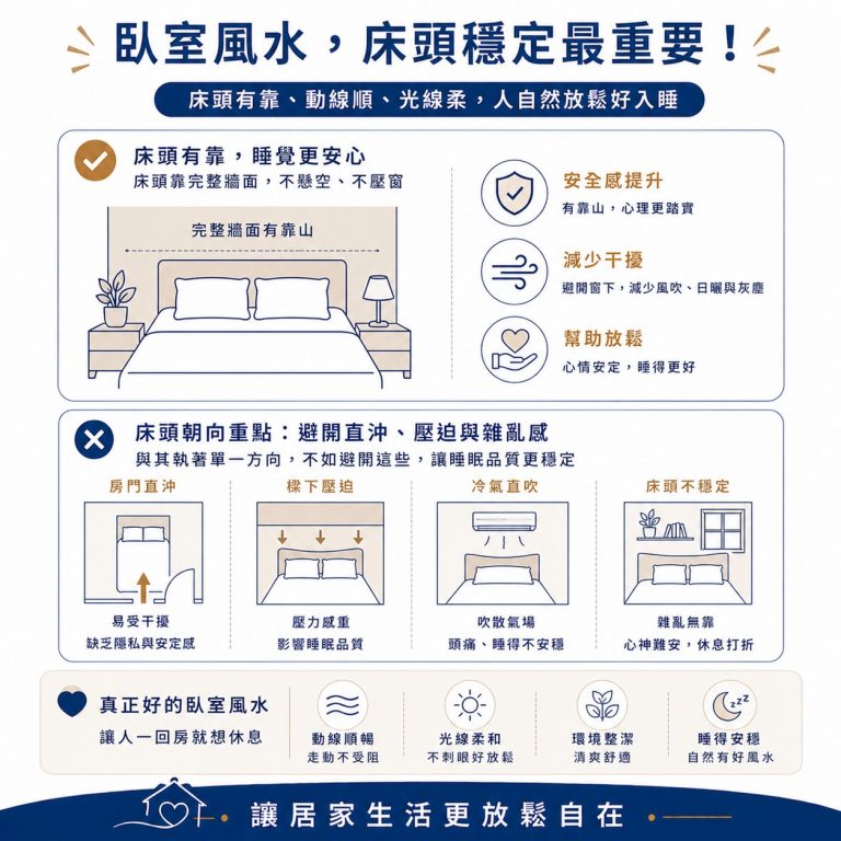 大漢家具提醒，床頭風水最主要的是要有靠，且避開壓迫與雜亂感