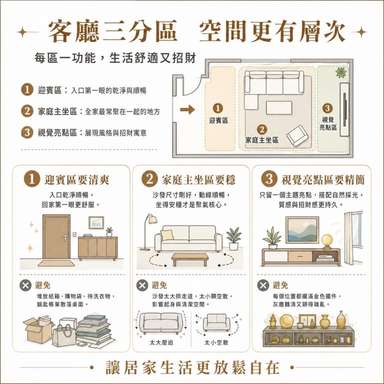 大漢家具提醒，客廳可以分成迎賓區、家庭主座區、視覺亮點區處理招財擺設