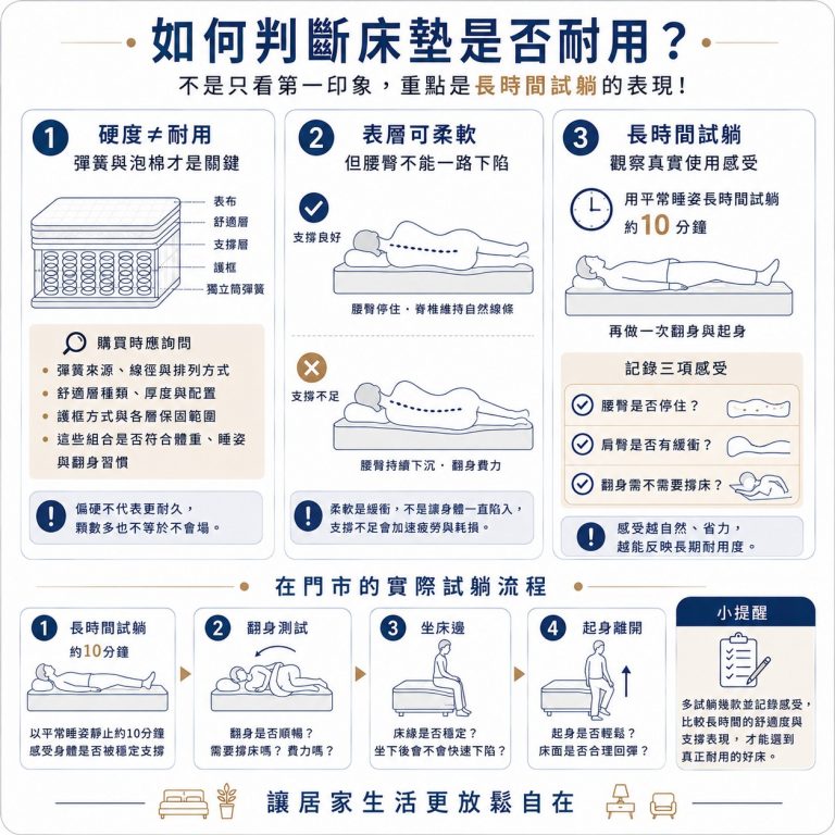 大漢家具提醒,偏硬不一定代表床墊比較耐用,偏軟也不代表床墊一定比較好睡,還是應該依實際試睡狀況判斷