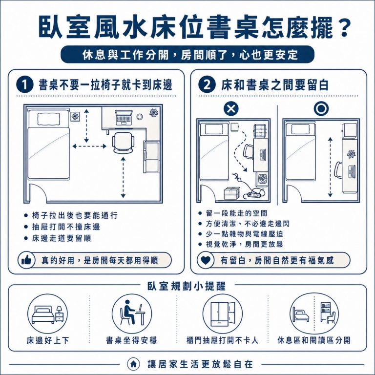 大漢家具提醒，床位跟臥室的書桌之間一定要有好走的動線，這樣生活上自然會比較放鬆
