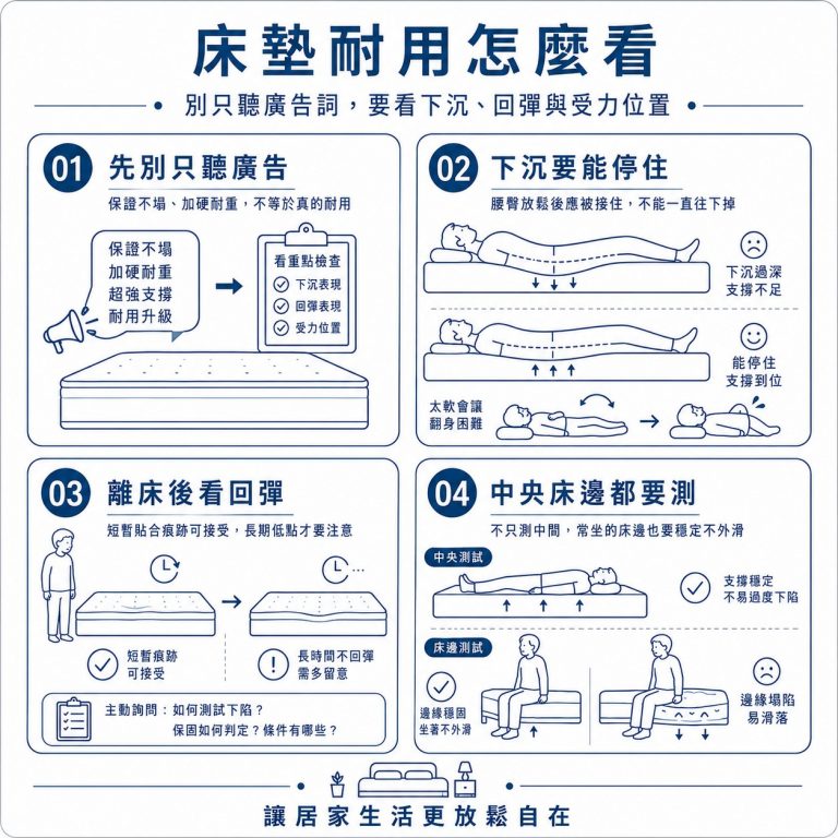 大漢家具提醒，床墊是否耐用，要看下沉後是否會回彈、床邊是否穩固