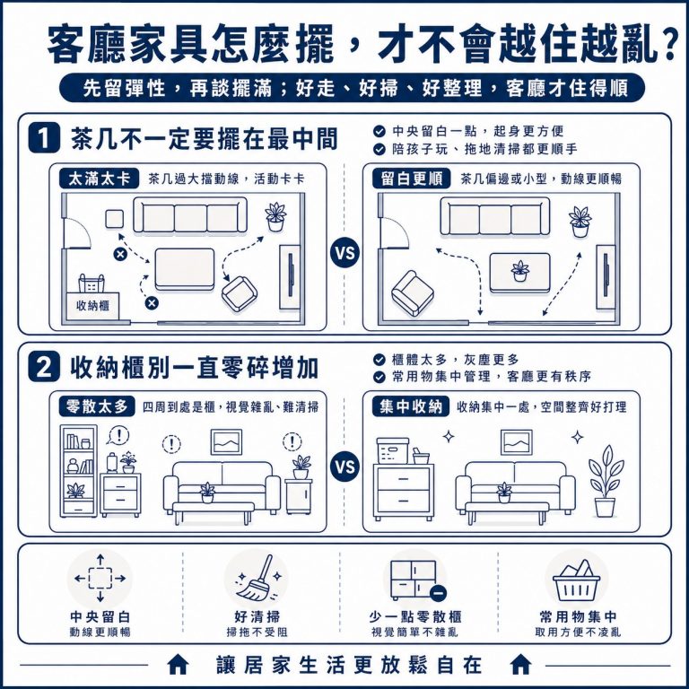 大漢家具提醒,客廳茶几不用一定執著要放在中間,還是以好走為主,也不要一直增加收納櫃體,反而增加打掃負擔