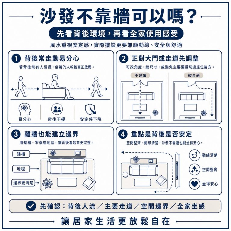 大漢家具提醒,傳統風水上建議沙發要靠牆是為了安定感,但如果能用其他方式建立安定感,則沙發也不一定要靠牆