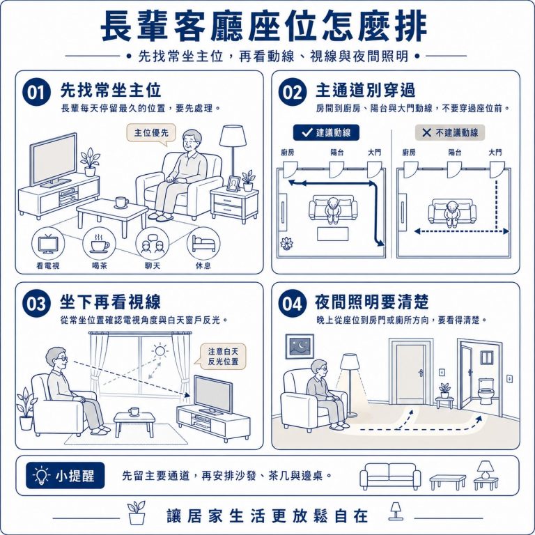 大漢家具提醒,幫長輩規劃客廳時,要先確認常用座位,再確認照明是否足夠
