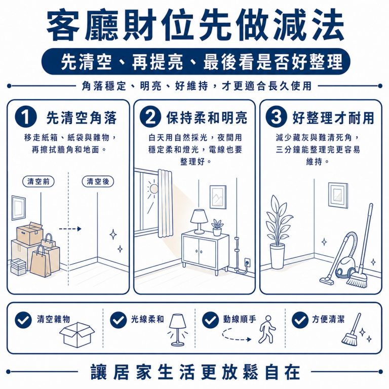 大漢家具提醒，客廳財位不要急著塞滿東西，要先整理乾淨，越清爽越好維持