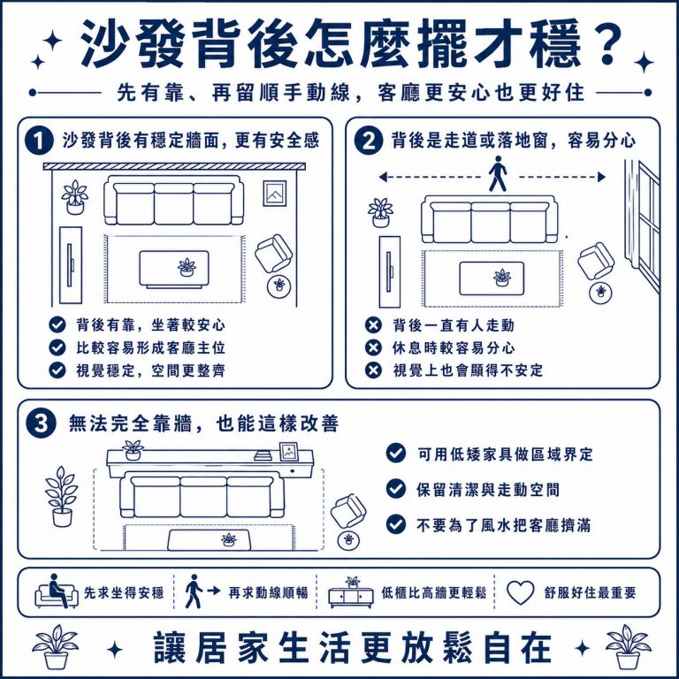 大漢家具建議,沙發背後靠牆心理上會比較踏實,如果沒辦法靠牆,也可以用低矮家具做出空間區隔的效果