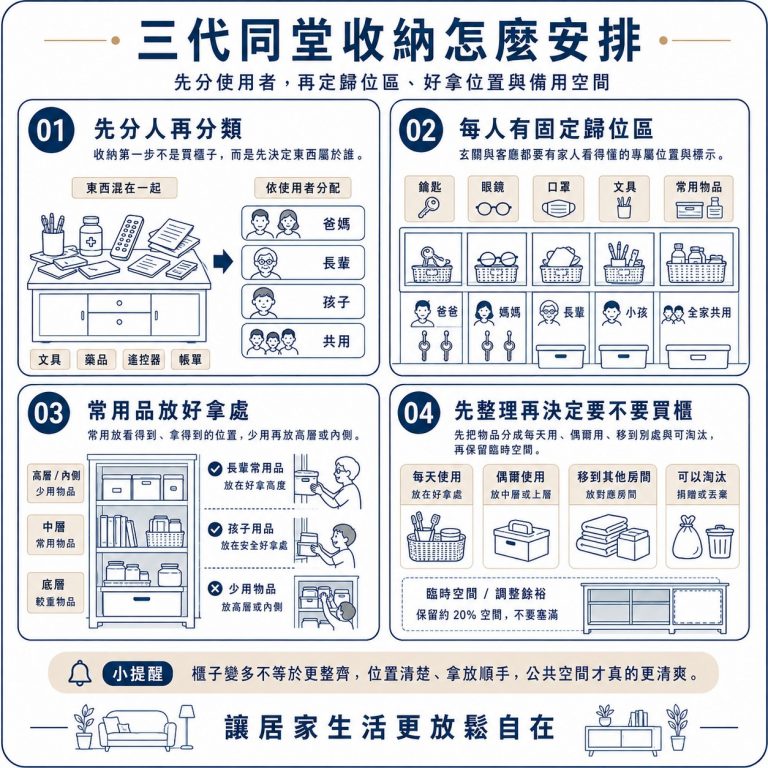 大漢家具提醒,三代同堂不代表櫃子越多越好,應分類好每個人的收納區,常用品也要放在好拿的位置