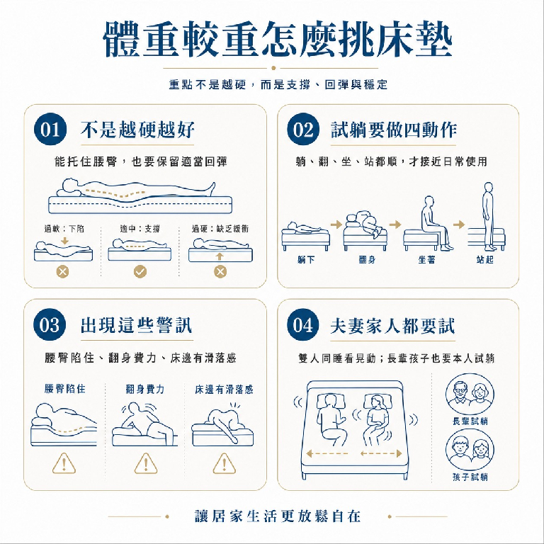 大漢家具提醒，如果想幫體重破百的家人選床墊，試躺時應注意這幾個重點