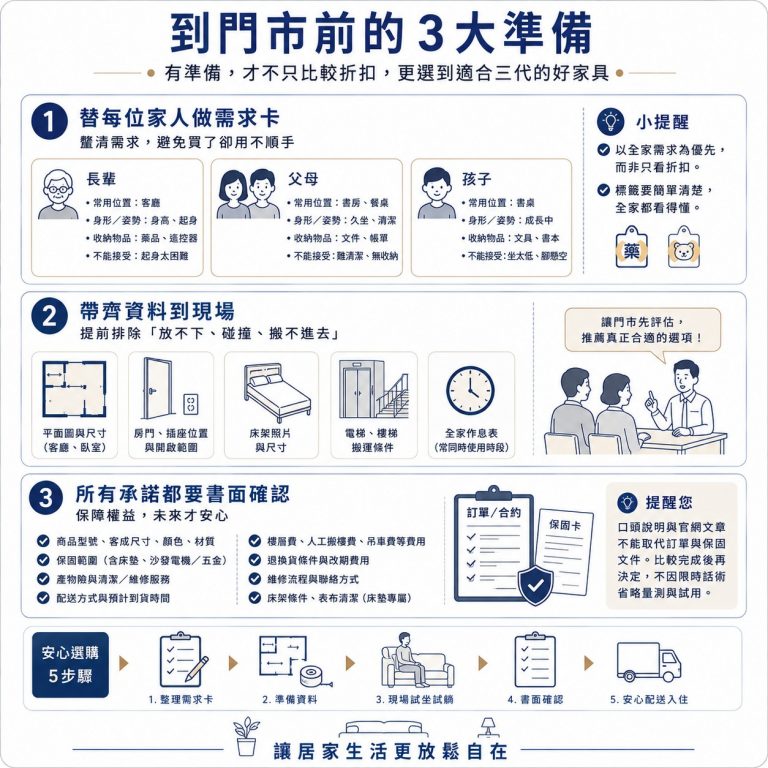 大漢家具提醒,三代同堂家庭到門市挑選家具前,應準備不同好不同家人的需求,也要確認保固、售後條件