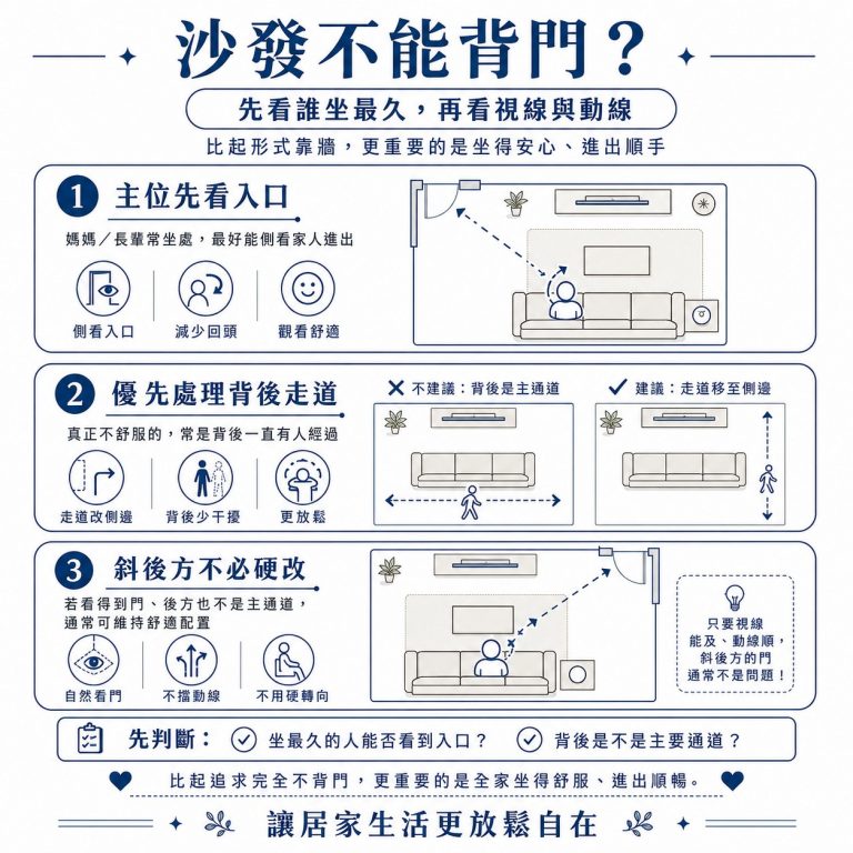 大漢家具提醒,沙發不一定不能背門,重點還是在坐在沙發上的人是否會被打擾、動線是否順暢