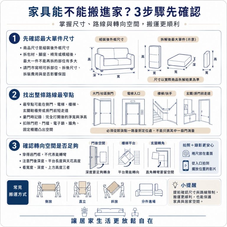 大漢家具提醒，家具入宅尺寸要先確認家具最大單件尺寸、搬運路線最窄點、搬運路線是否可以順利轉向