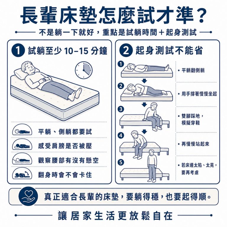 大漢家具提醒,幫長輩挑選床墊時,試躺應該要至少躺10-15分鐘,且要做起身測試