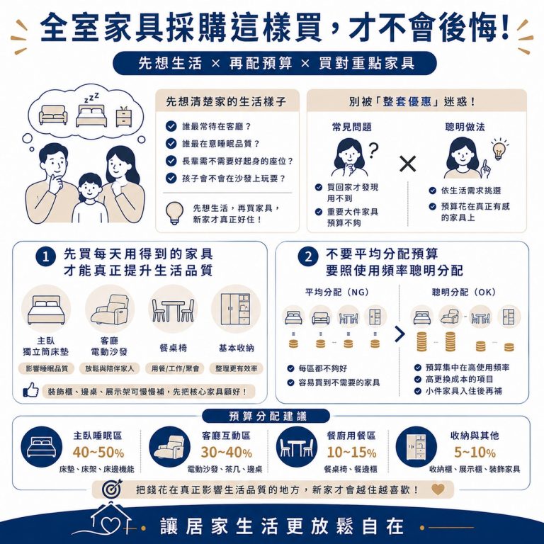 大漢家具提醒,全室家具採購要先買主要常用到的家具,而且要依使用頻率分配預算,才不會之後後悔