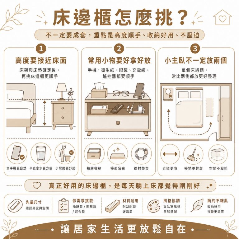 大漢家具提醒,挑選床邊櫃跟床頭櫃時,需要注意自己的床高度以及日常使用習慣