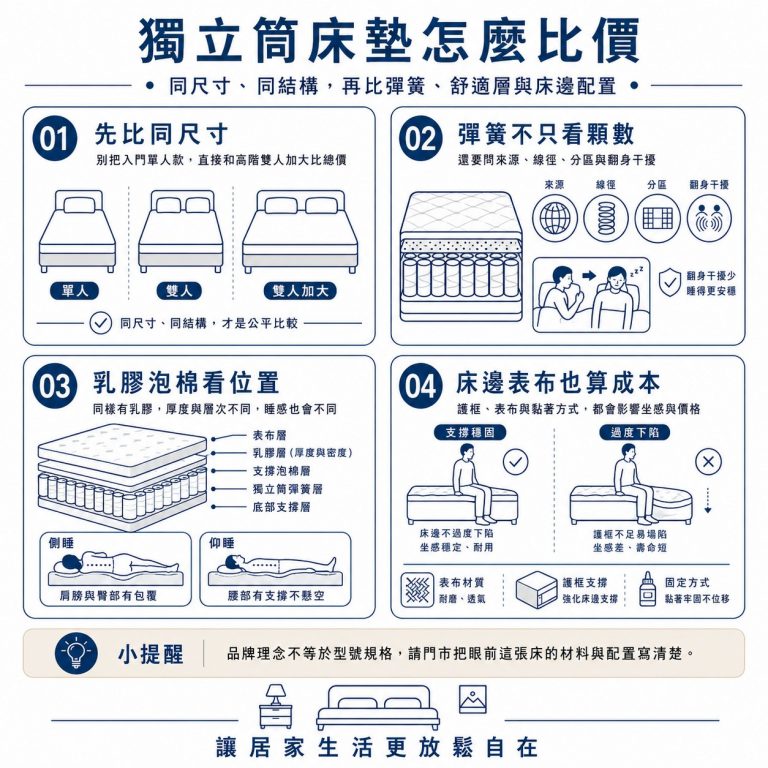 大漢家具提醒,在比較獨立筒床墊時,除了彈簧顆數以外,舒適層、乳膠層、床緣都是判斷依據