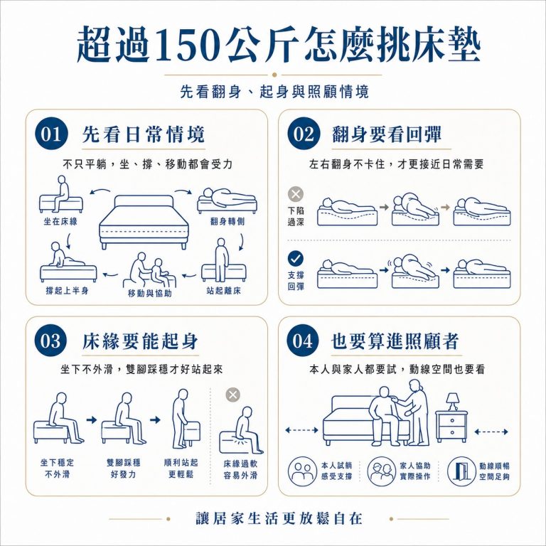 大漢家具提醒，體重超過150公斤者挑床墊時，要注意翻身、起身、照顧者的需求