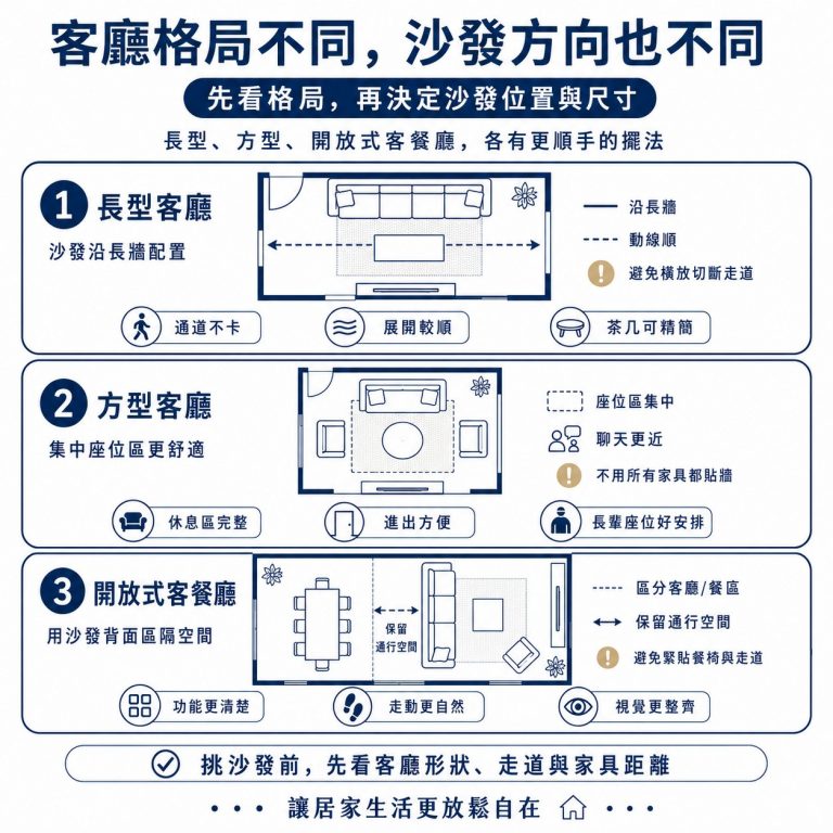大漢家具提醒,方形客廳、長形客廳、開放式客餐廳的沙發擺放位置考量都不同
