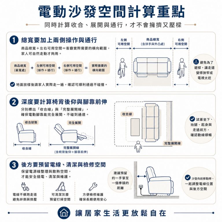 大漢家具提醒,測量電動沙發時,前方要測量展開距離,後方也要預留清潔及維修空間,左右兩方也要算進扶手大小
