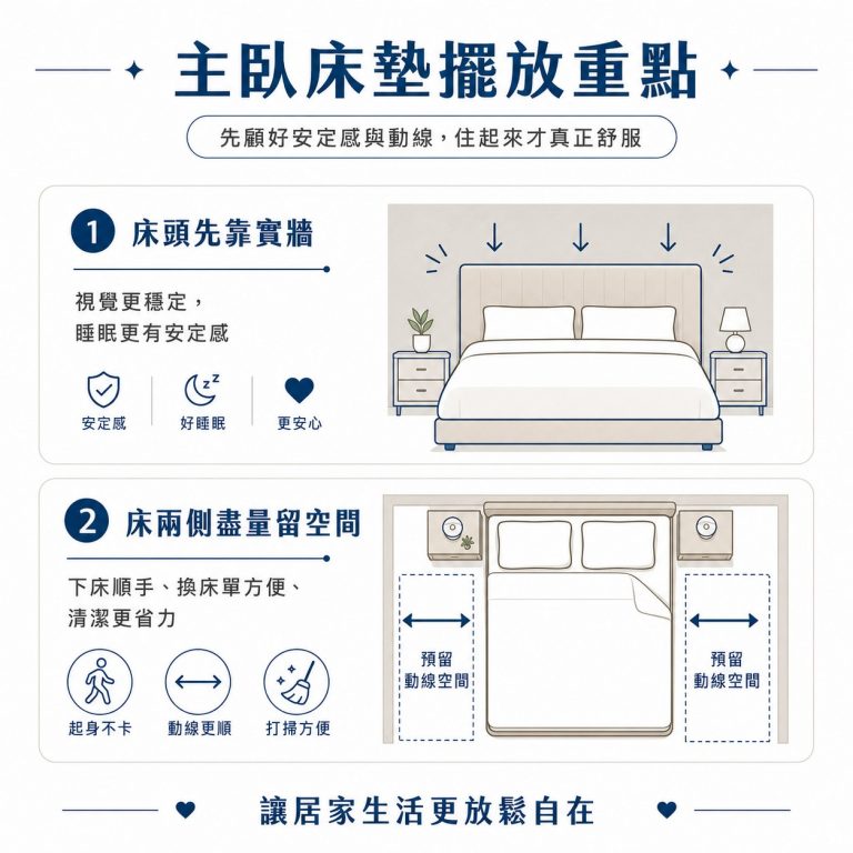 大漢家具提醒,床頭盡量要靠牆,睡起來才會踏實,且床兩側一定要留好動線,才能避免不便