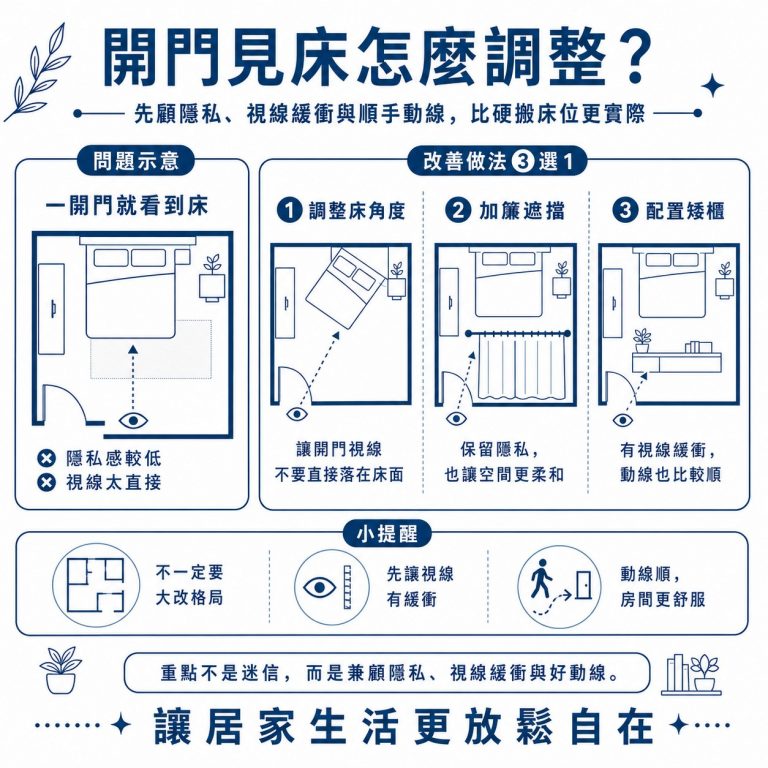 大漢家具提醒,所謂的「開門見床」除了風水上不建議以外,也會讓人覺得沒有隱私,如果無法調整格局,可以先試著移動房間內的家具