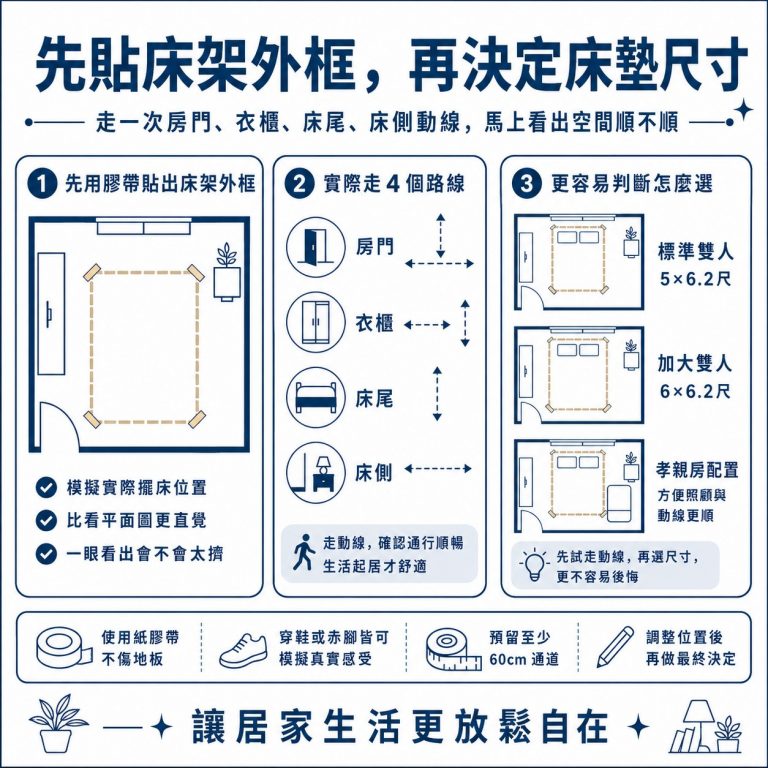 大漢家具提醒,如果怕平面圖上的床位不準確,可以先在地上用膠帶把床位貼出來模擬通道是否順暢、房間剩下空間是否足夠