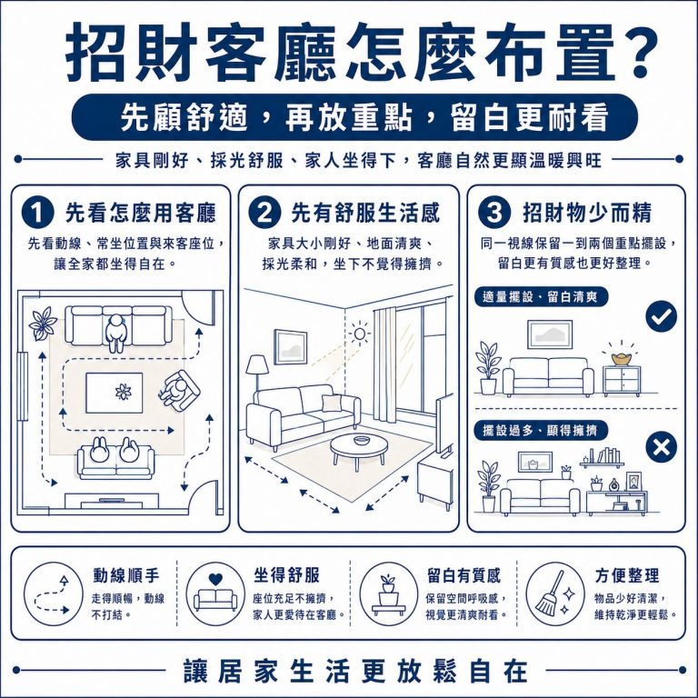大漢家具提醒，客廳招財擺設的重點還是家人的舒適感，不能為了招財小物犧牲使用上的方便及舒適