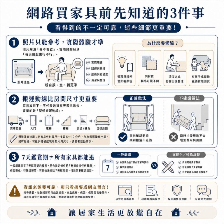 大漢家具提醒,網路上的照片通常會修圖,有時跟實際現場看到不一定完全一樣,且七天鑑賞期規定對於部分家具也未必適用,因此退換較麻煩的大型家具還是建議到現場親自選購