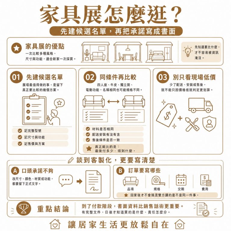 大漢家具提醒,家具展最大的好處是可以在現場快速瀏覽大量家具,建立候選名單,但不要因為折扣好看就馬上下單