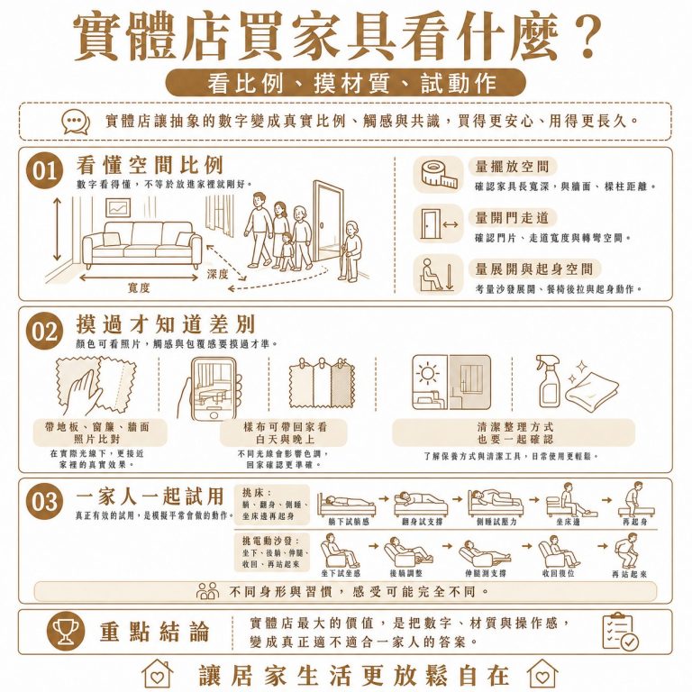 大漢家具提醒,實體家具店的優點是更能體會實際尺寸、顏色、觸感,也更能找到一家人的交集