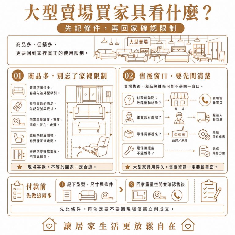 大漢家具提醒，家具量販店的缺點是有時可選商品太多，容易混亂，另外家具量販店會同時有許多不同品牌的商品，售後服務及保固須分別確認