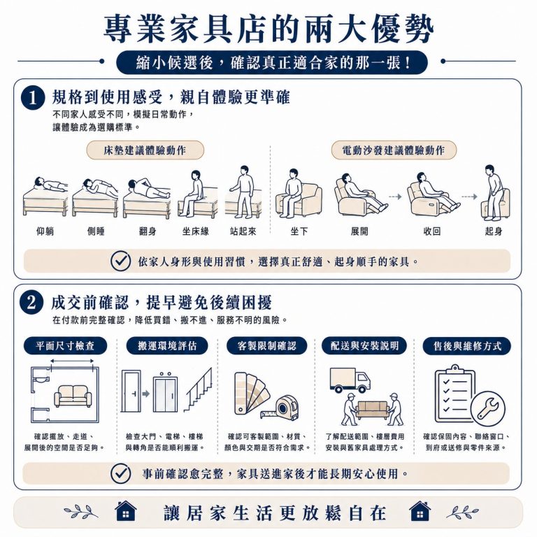 大漢家具提醒，專業家具店的好處通常是可以較完整試用各類家具，另外也較方便確認售後服務