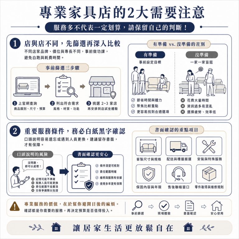 大漢家具提醒，不同品牌的擅長部分不同，在逛家具店前須先篩選，另外各種服務內容也須書面確認