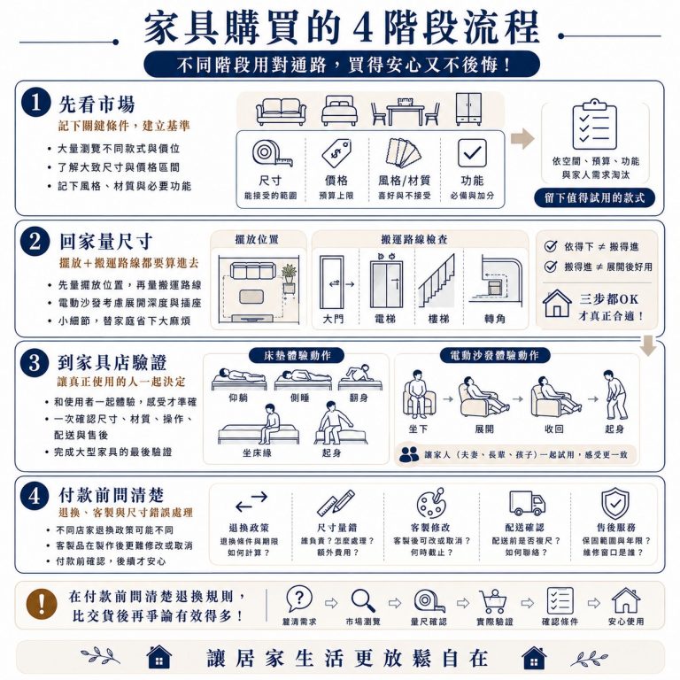 大漢家具提醒，可以把購買家具拆成不同階段的流程，在不同階段去適合的通路比較挑選