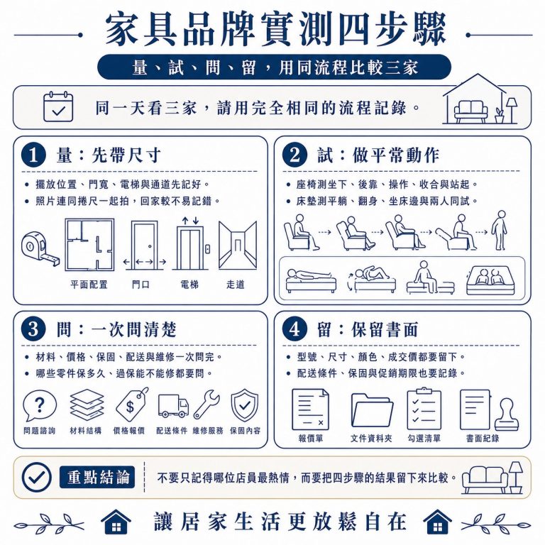 大漢家具提醒,實際到專門品牌店挑選時,可以用這幾個步驟篩選