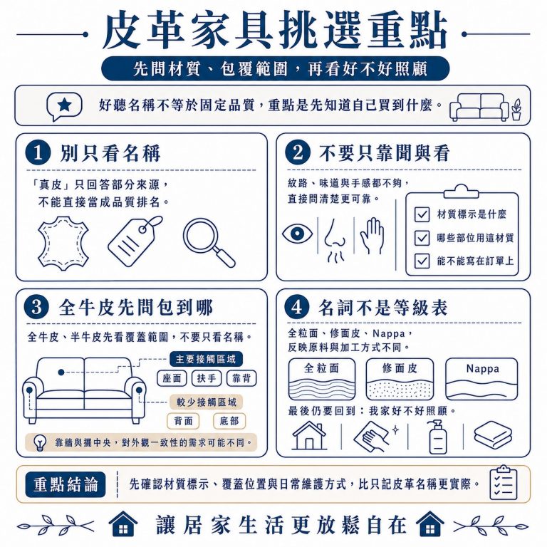 大漢家具提醒,皮革家具挑選最重要的還是直接跟門市人員確認使用什麼皮革、包覆範圍到哪裡,再確認是否符合自己的需求