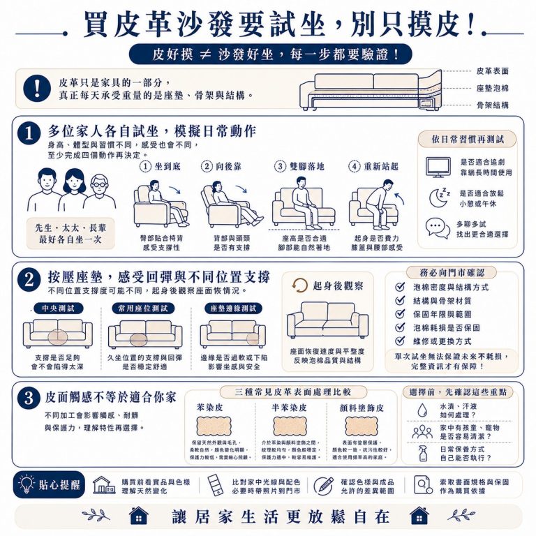 大漢家具提醒,購買皮革沙發前也一定要試坐,且最好主要使用者都試坐過一次
