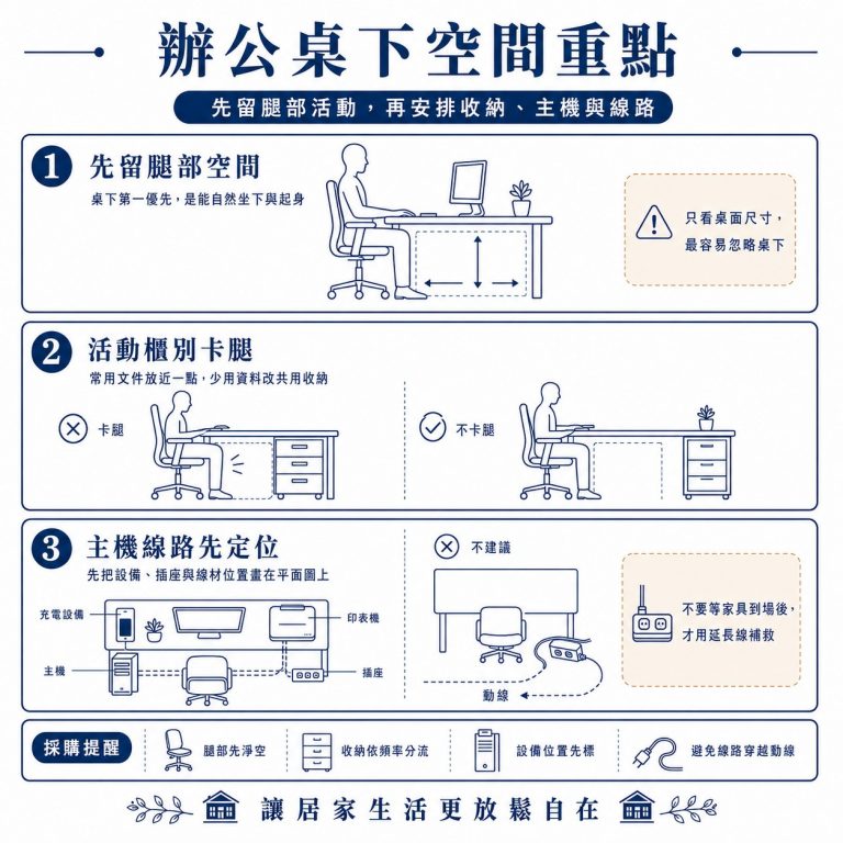大漢家具提醒,辦公桌下一定要留足夠的腿部活動空間,也要事先確認插座、主機的位置