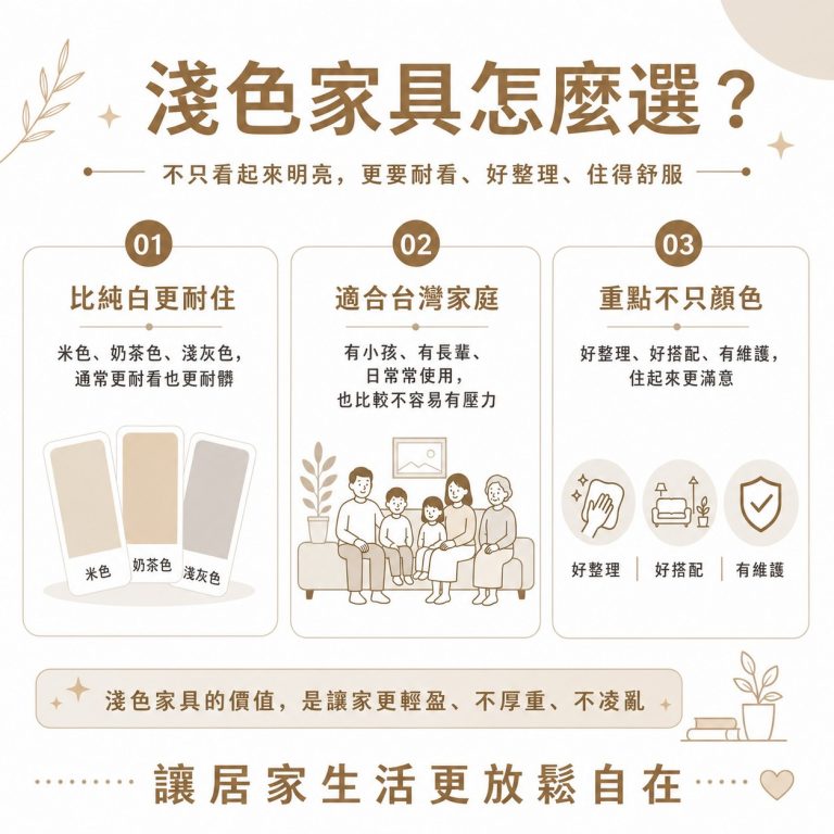 大漢家具提醒，淺色家具可以不用選純白，米色、奶茶色、淺灰色可以兼顧柔和感，也比純白更耐用