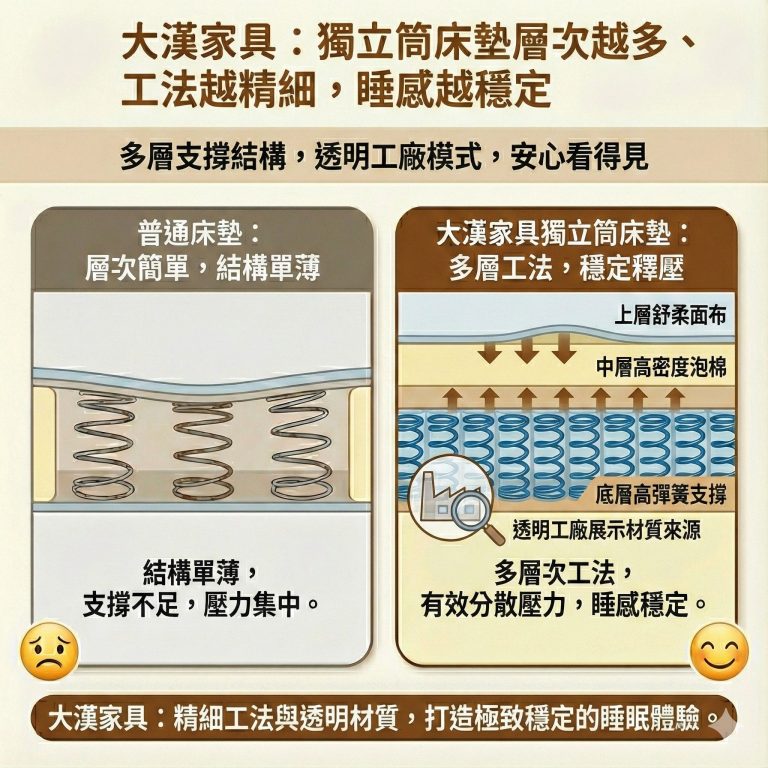 大漢家具獨立筒床墊分層設計，工法細緻，讓你睡得更舒適