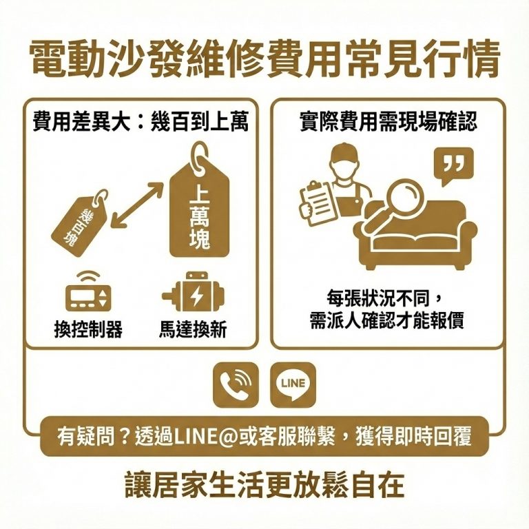 大漢家具提醒，每一張電動沙發的損壞狀況都不同，實際費用需大漢家具派員到現場評估後才能確認