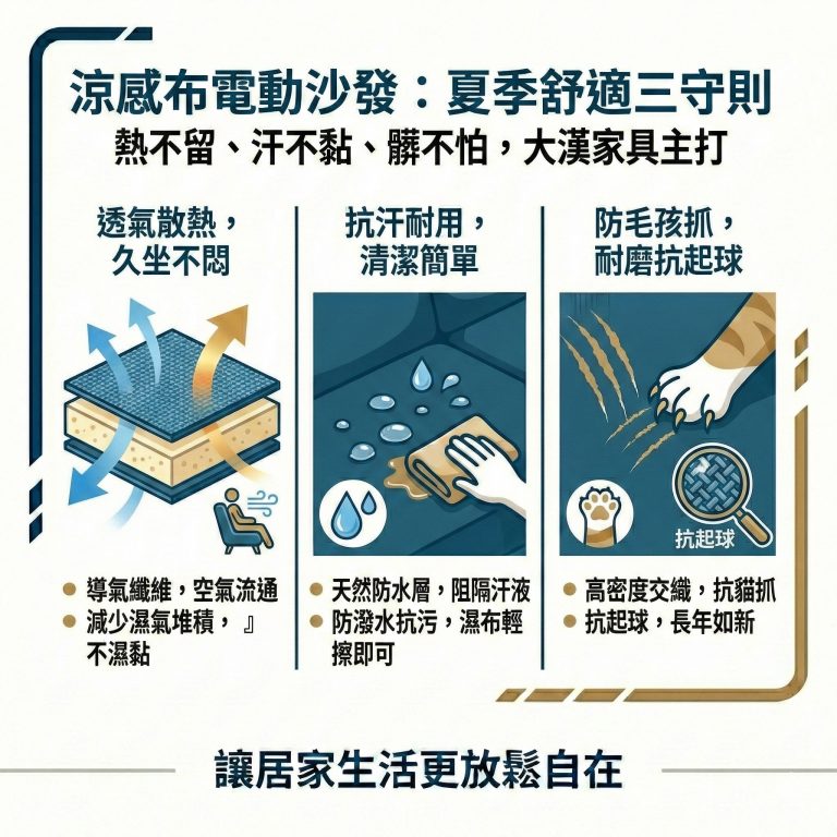 大漢家具電動沙發使用的涼感布不只透氣散熱，還防汙耐磨