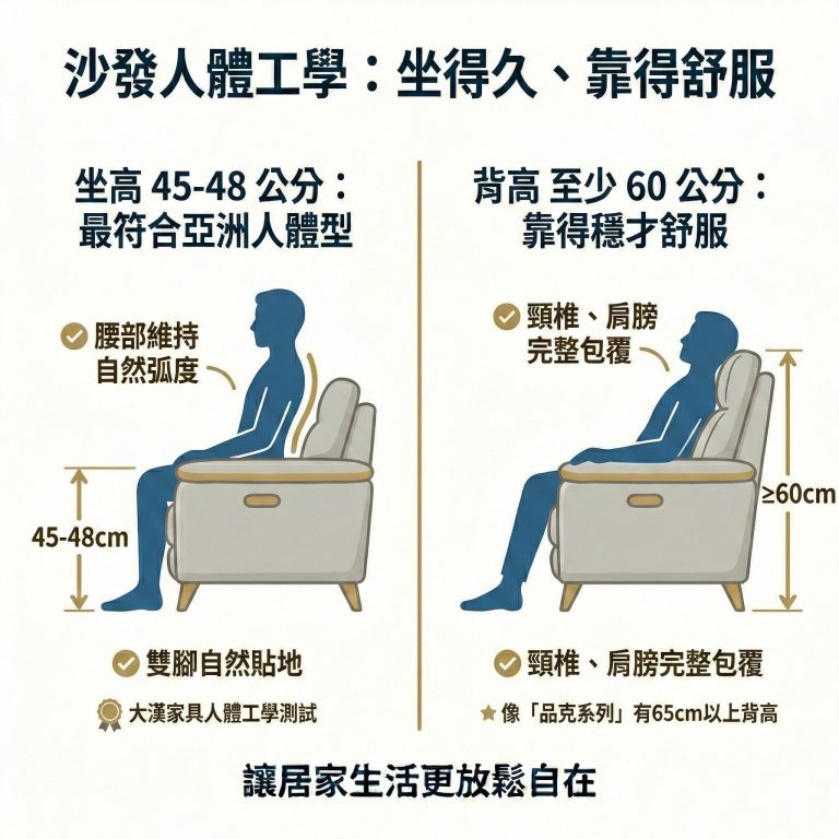 除了大小以外，座位高度與背靠高度也是重點，大漢家具的設計符合亞洲人身材，歡迎到大漢家具現場體驗