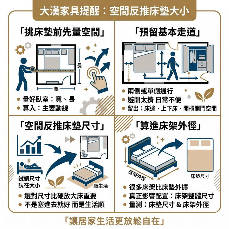大漢家具提醒,在挑選或購買床墊前,可以先用這幾個方式確認自己需要的床墊大小