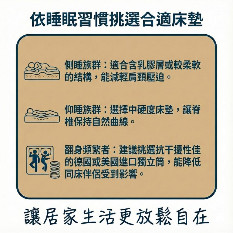 睡眠習慣不同者，在挑選獨立筒床墊時也要考慮到自己的睡眠習慣