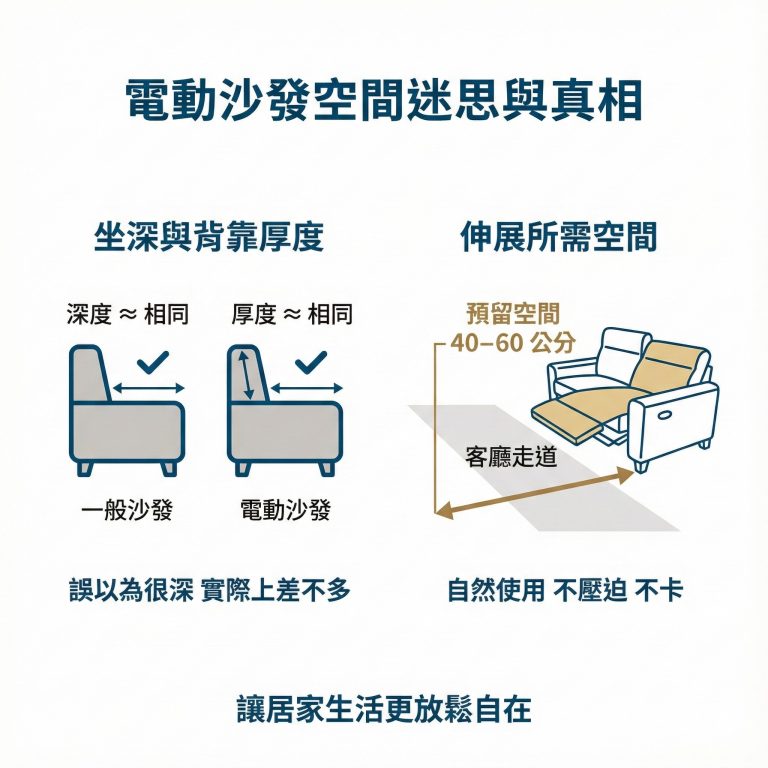 電動沙發的座深跟靠背厚度跟一般沙發差不多，但需預留前後伸展空間，才能讓電動沙發完全展開