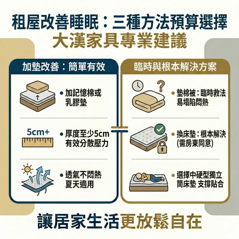 大漢家具建議,想要改善睡感,還是徵求房東同意後,換支撐好的獨立筒床墊最合適