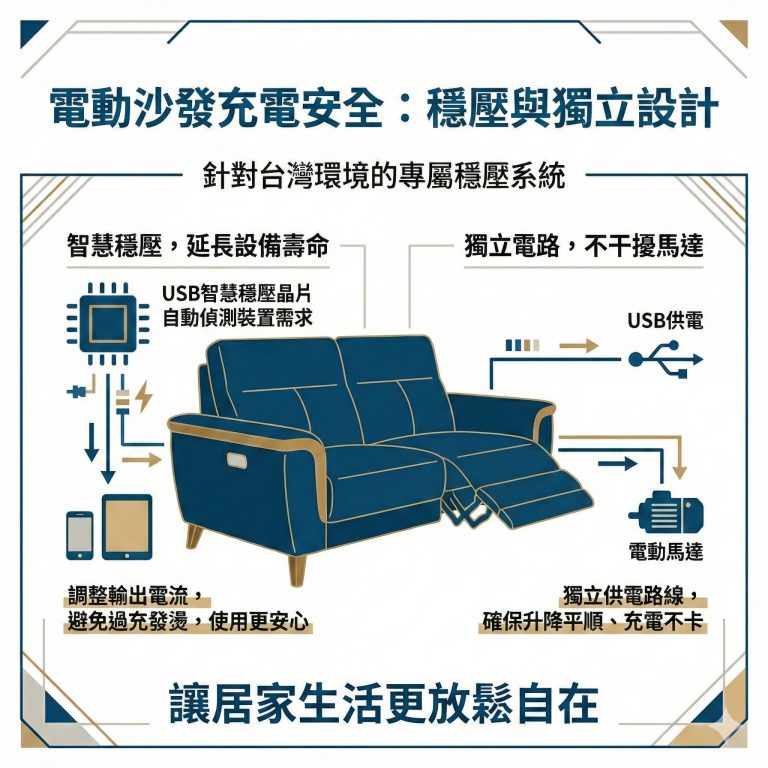 大漢家具電動沙發的USB孔，為了使用者安全，特別設計了穩壓系統與獨立電路